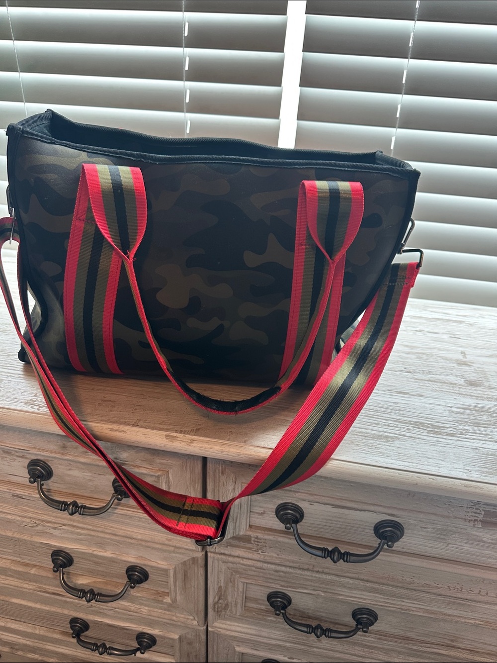HAUTE SHORE Camo Tote with Red and Olive Striped Strap